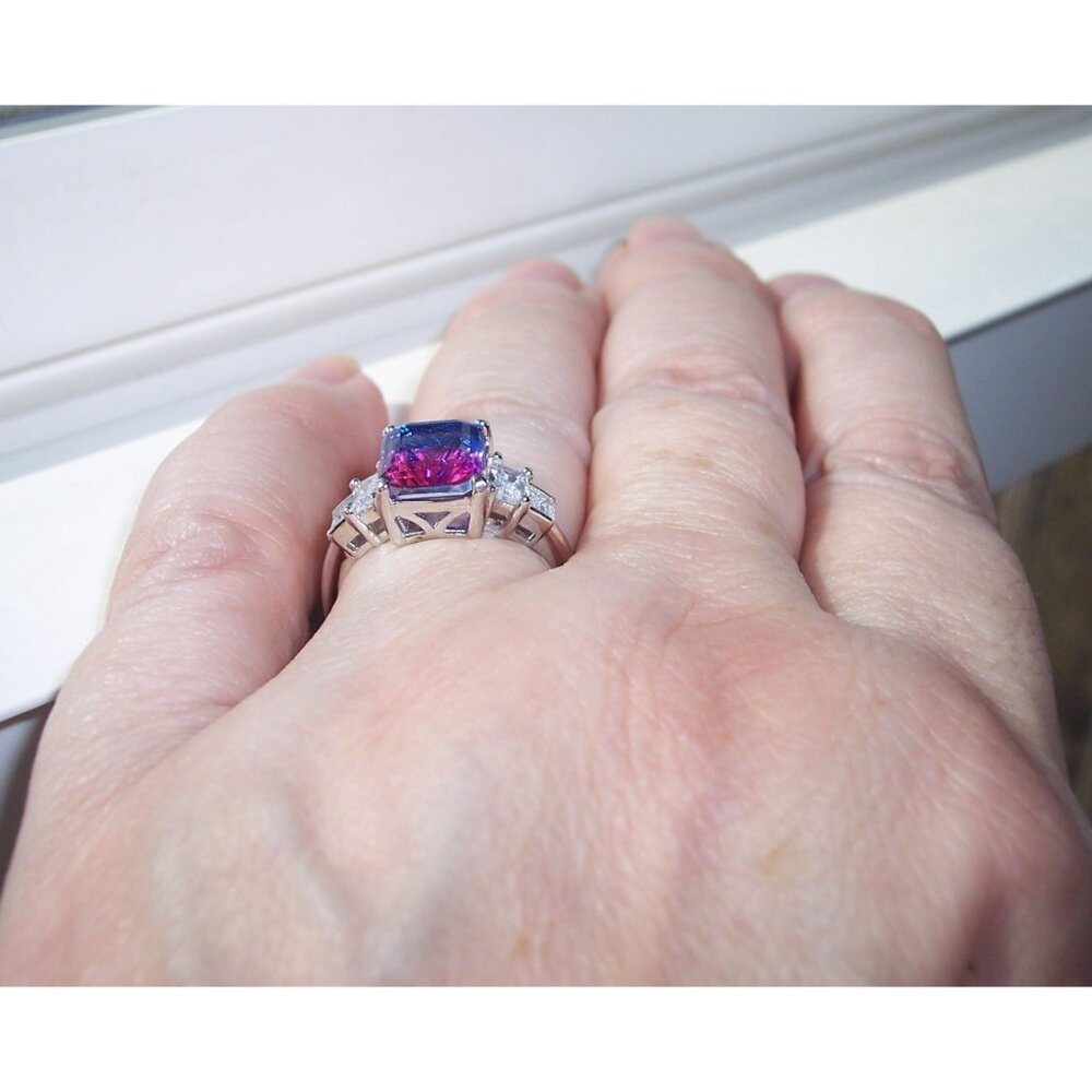 925 STERLING SILVER Bicolor Cubic Zirconia & Baguette Ring Blue & Pink - Picture 6 of 16
